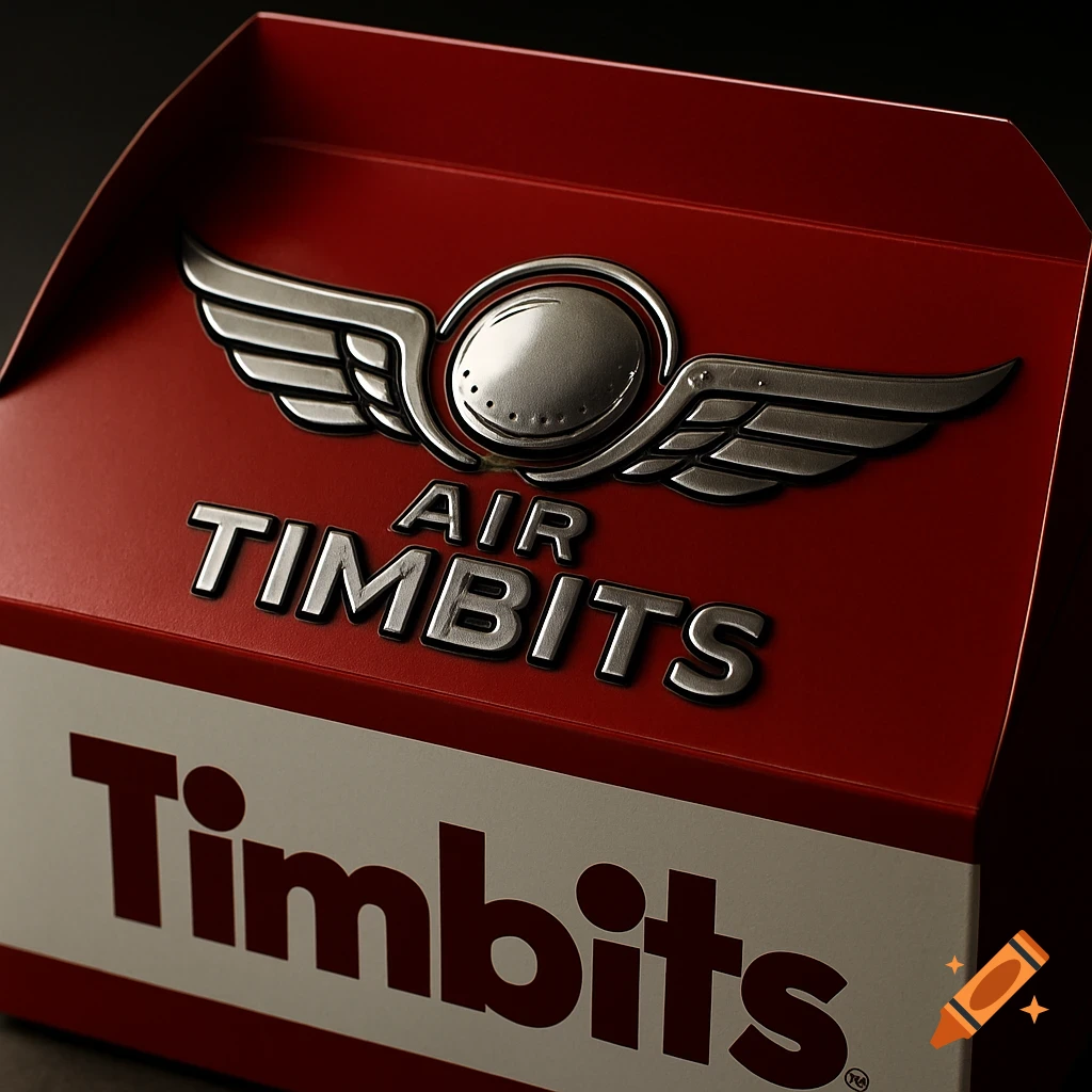 A close-up, high-angle view of a red and white Timbits box with a silver winged logo and text 'AIR TIMBITS' on top, and 'Timbits' on the side.