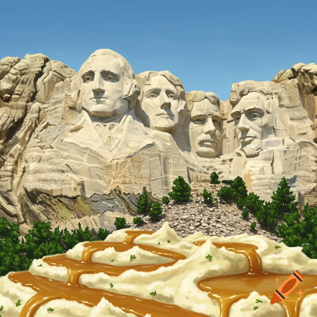 Mount Rushmore carved from mashed potatoes with gravy and green herbs, set against a blue sky.