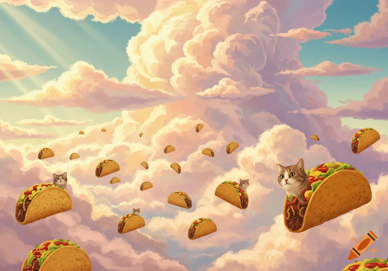 Whimsical illustration of cats peeking out of tacos floating in a cloudy, pastel sky.