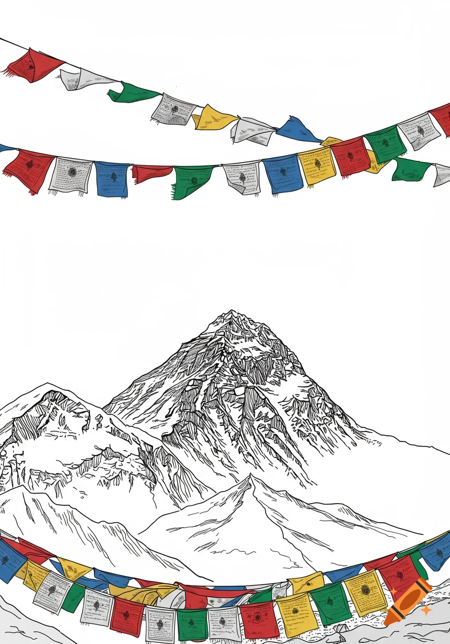 Line art of Mount Everest with colorful prayer flags.