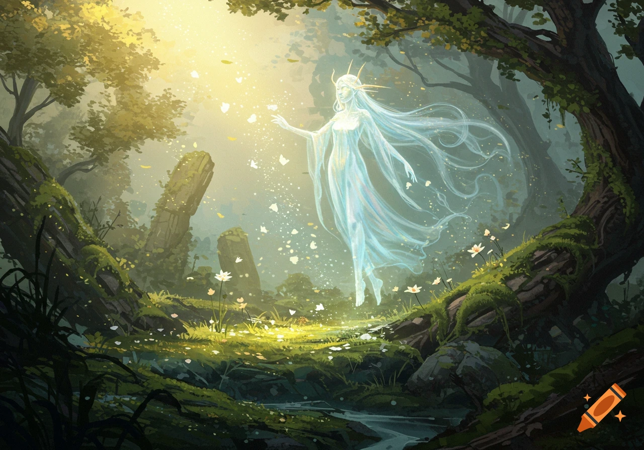 Ethereal spirit with long flowing hair and a crown floats in a sunlit, mossy forest with a stream and white flowers.