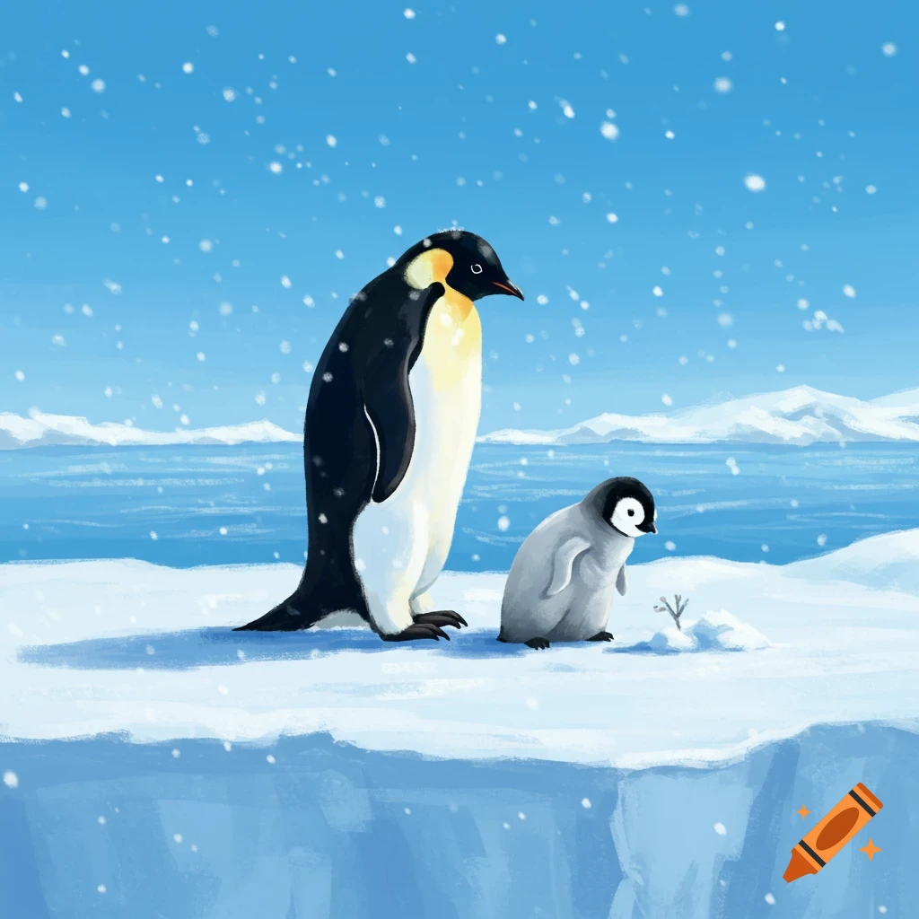 An adult and baby emperor penguin stand on a snowy ice floe with snow falling, a blue ocean and mountains in the background.