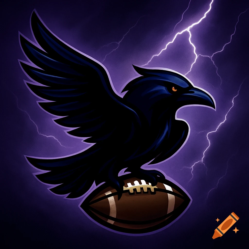A stylized black raven with orange eyes perched on a football, set against a purple background with lightning.