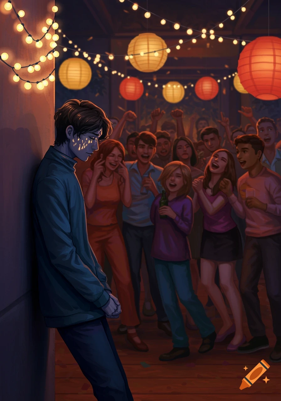 An illustration of a lonely person leaning against a wall at a lively party with string lights and laughing people.