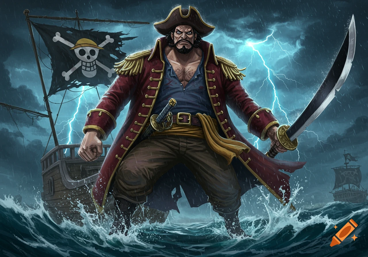 A giant pirate with a sword stands in stormy seas with lightning and ships in anime art style.