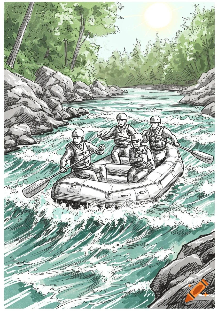 A sketch illustration of four people rafting down a river with green trees and rocks on the banks under a bright sun.