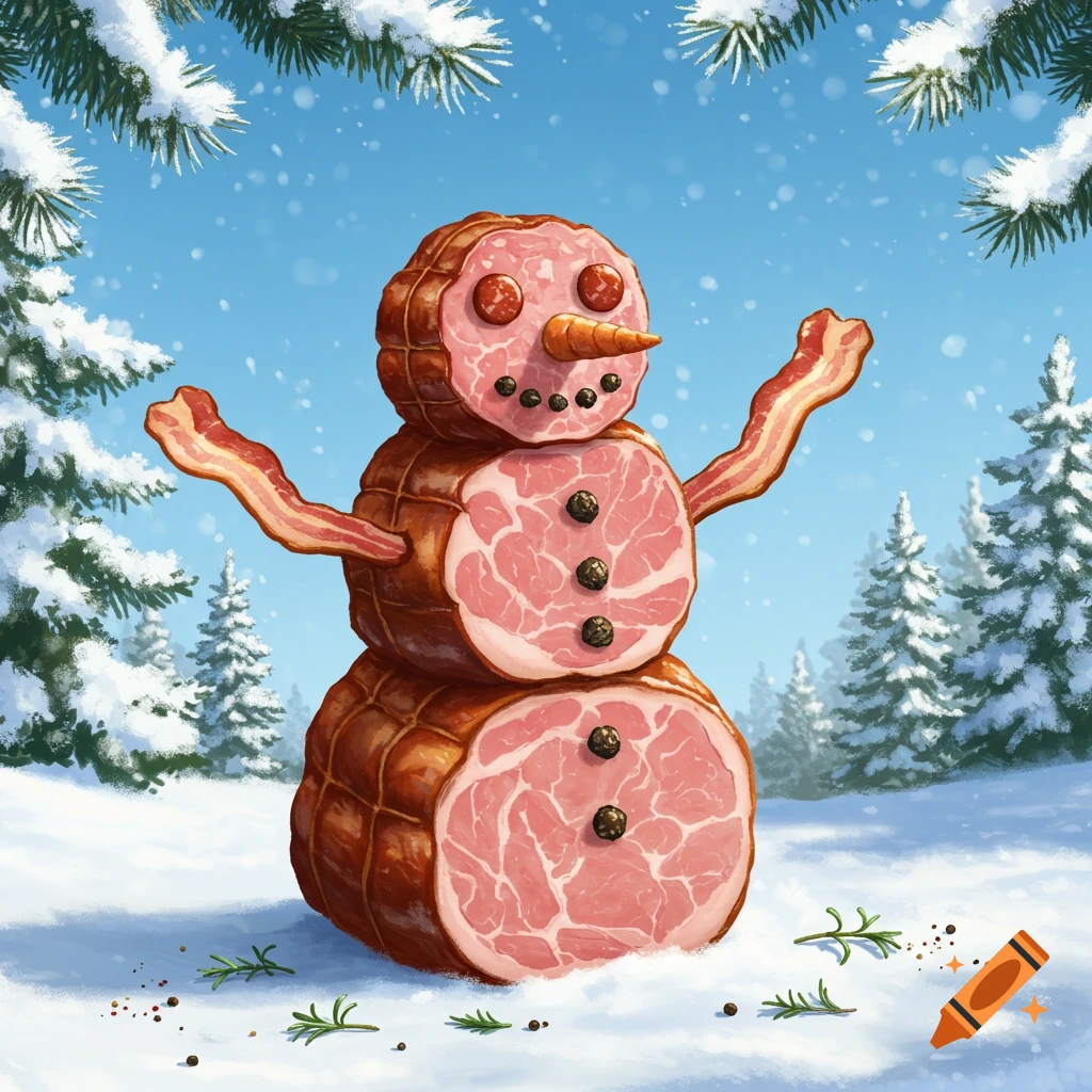 A snowman made of cuts of ham and bacon stands in a snowy winter landscape, with pine trees in the background.