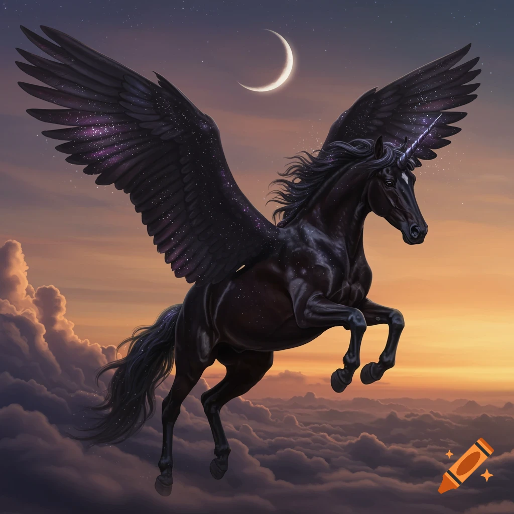 A majestic black winged unicorn with a sparkly mane and tail flies through an orange and purple twilight sky above clouds, with a crescent moon overhead.