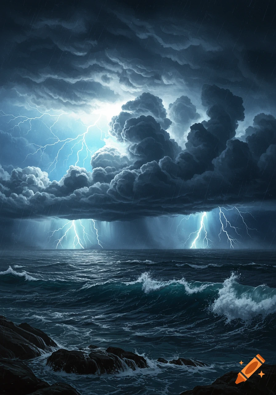A furious ocean storm rages with dark clouds, heavy rain, and multiple lightning strikes illuminating the turbulent water and rocky coastline.