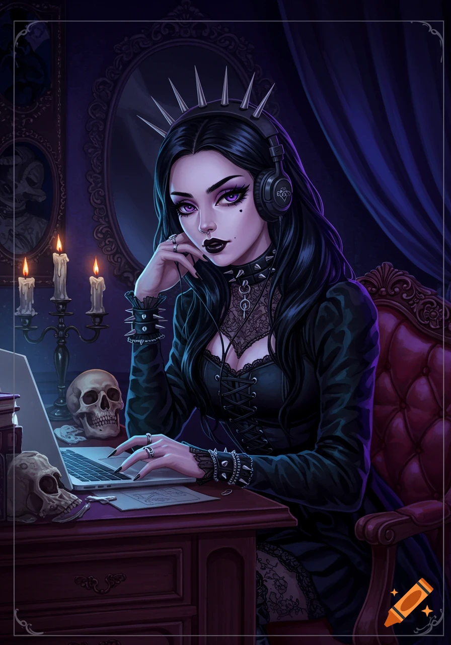 A dark digital art illustration of a goth girl with purple eyes and headphones, sitting at a desk with a laptop and skulls.
