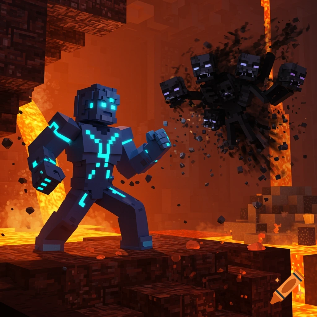 A blocky blue Warden fighting a black multi-headed Wither in a lava-filled Minecraft Nether environment.