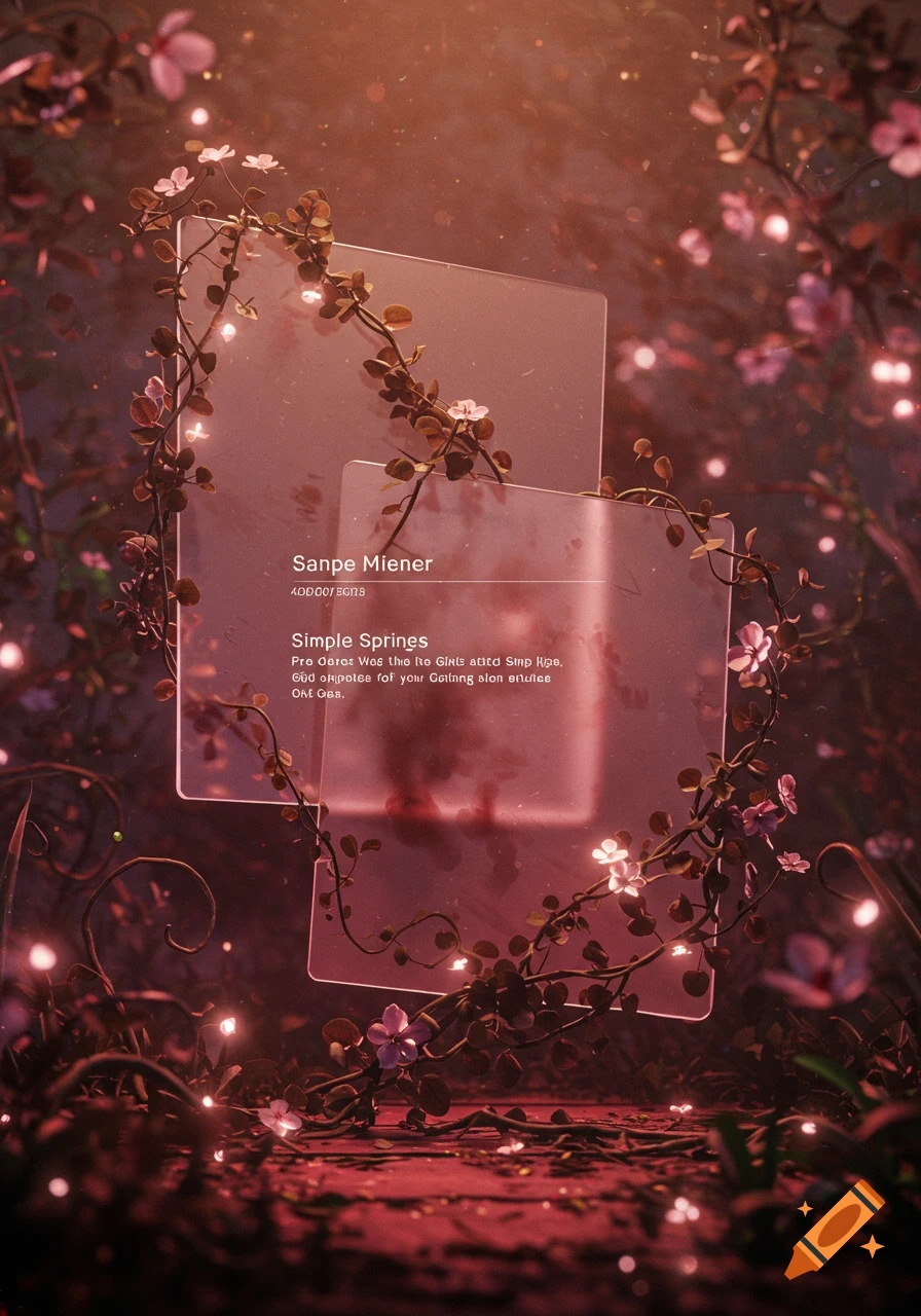 A concept game menu designed with transparent glass panels, surrounded by glowing vines and small pink flowers in a mystical, dark garden setting with warm light.