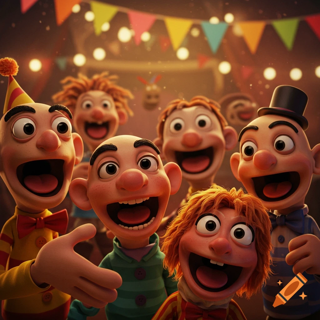 A group of silly, laughing hand puppets with wide open mouths at a festive party with colorful banners and string lights.