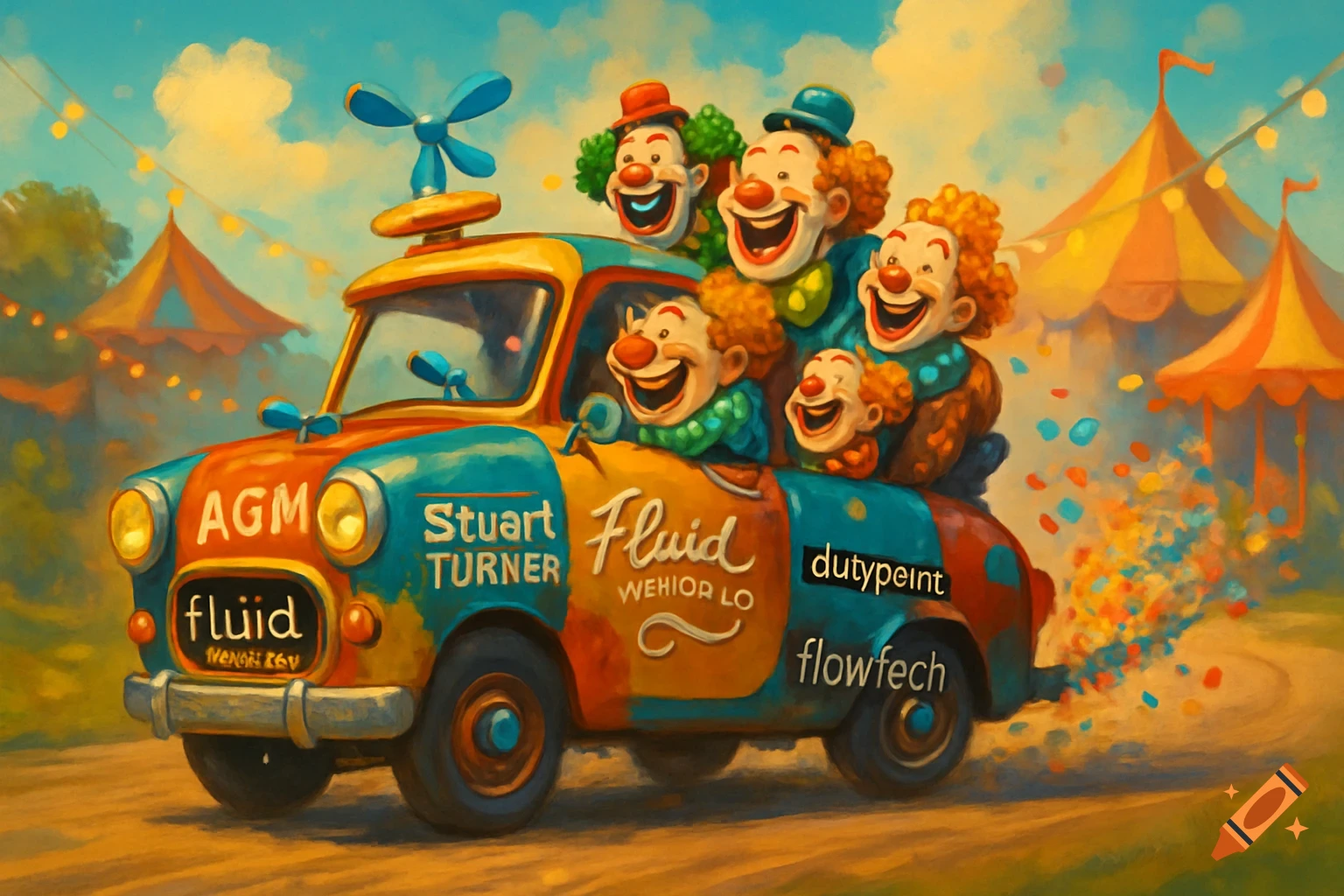 A colorful, cartoonish painting of a clown car filled with laughing clowns driving through a vibrant carnival grounds under a blue sky.