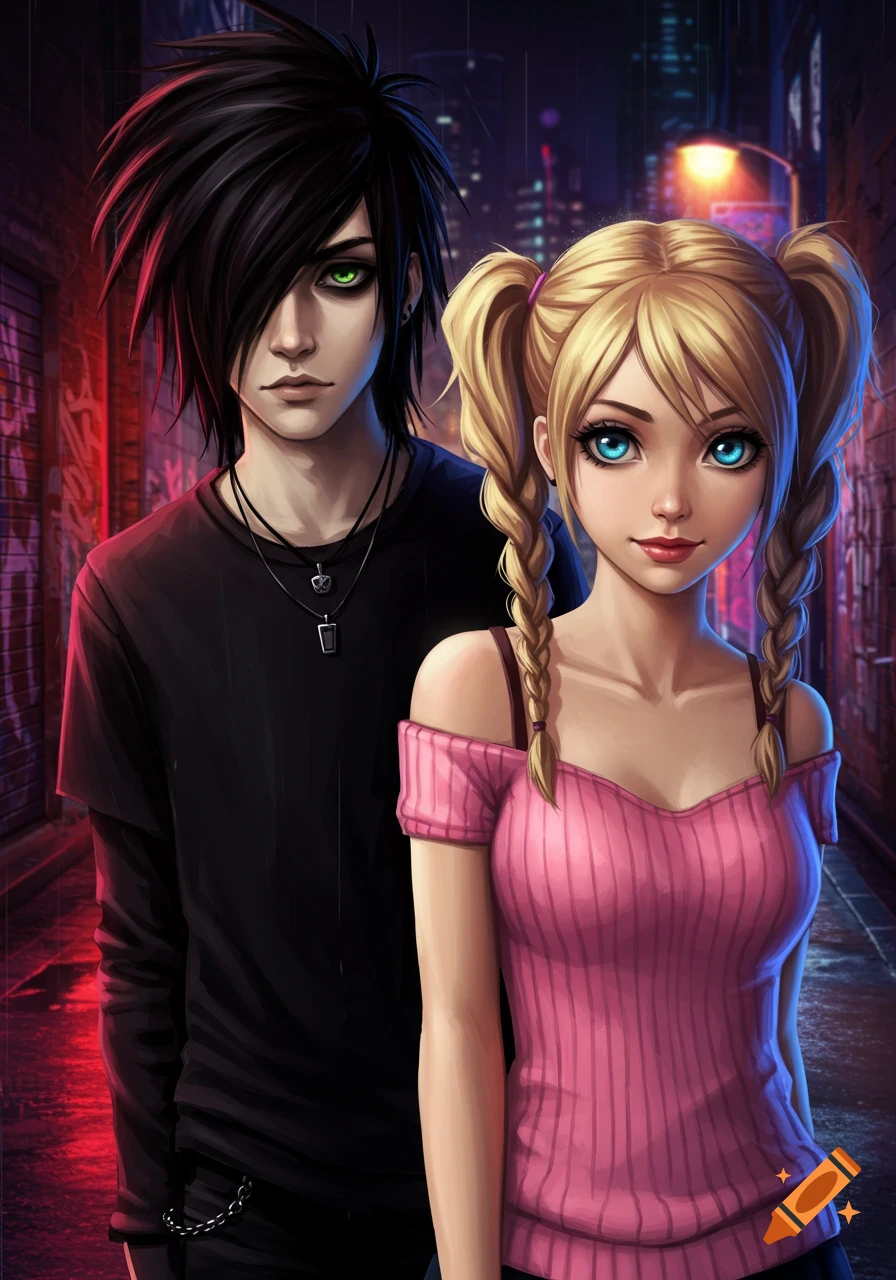 A digital illustration in an anime style of an emo boy with black hair and green eyes standing next to a preppy girl with blonde pigtails and blue eyes, in an urban alleyway.