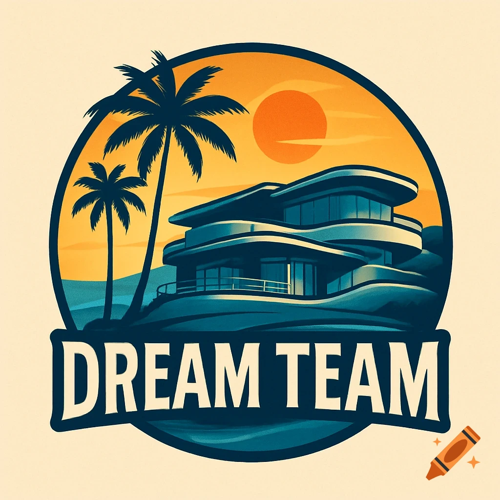 A colorful logo featuring a modern house and palm trees on a coast under an orange sky, with the text "DREAM TEAM" at the bottom.