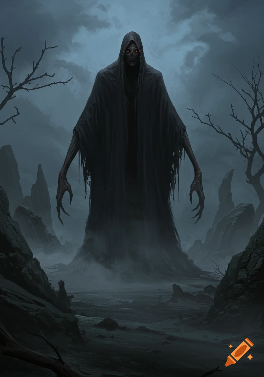A dark, shrouded monster with glowing red eyes and long, clawed hands stands in a foggy, desolate landscape with rocky spires and bare trees.