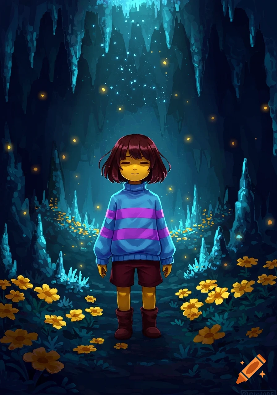 Frisk from Undertale stands in a glowing blue cave filled with yellow flowers, drawn in an anime style.