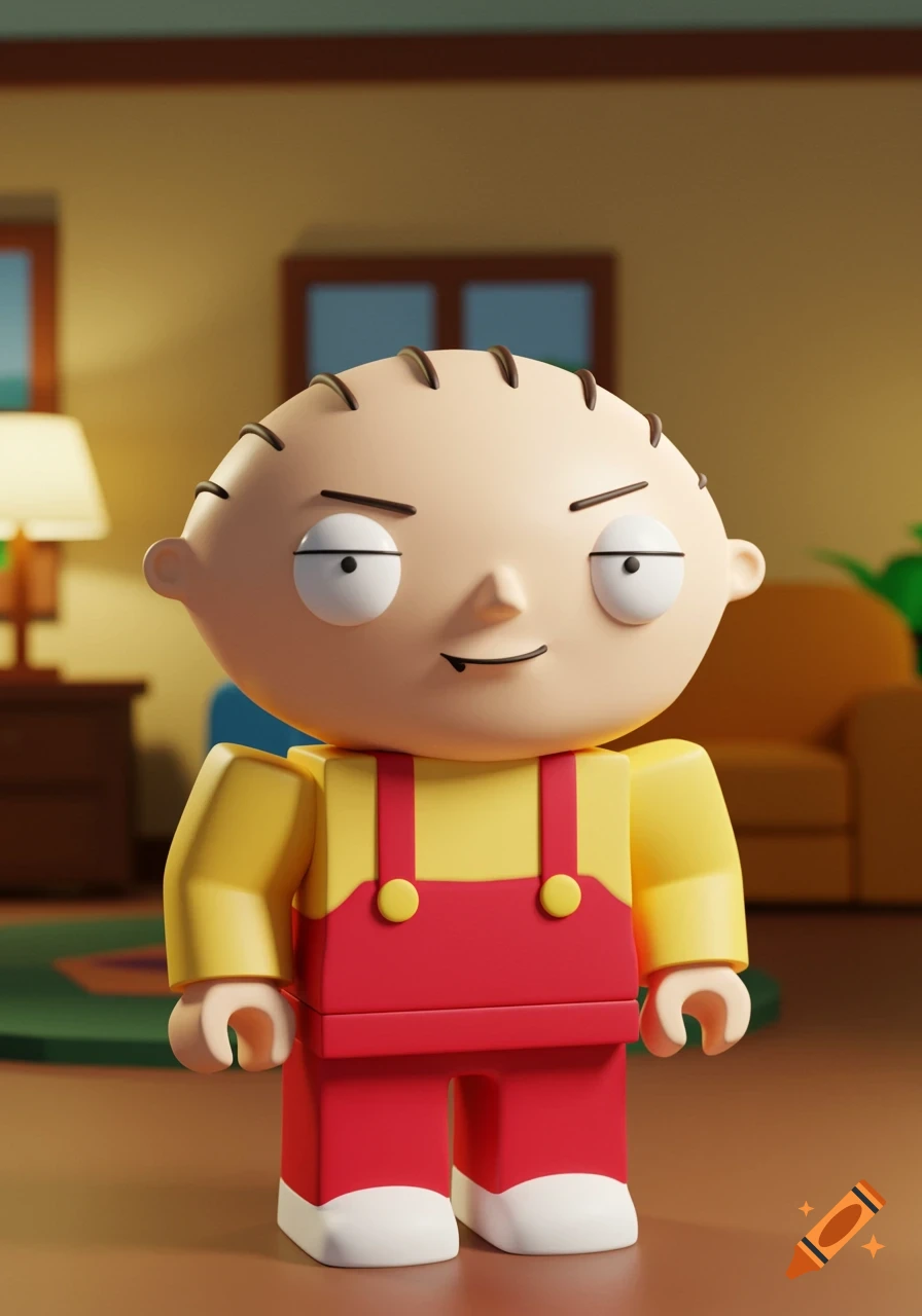 A 3D render of Stewie Griffin from Family Guy in a blocky, Roblox-like style, standing in a room.