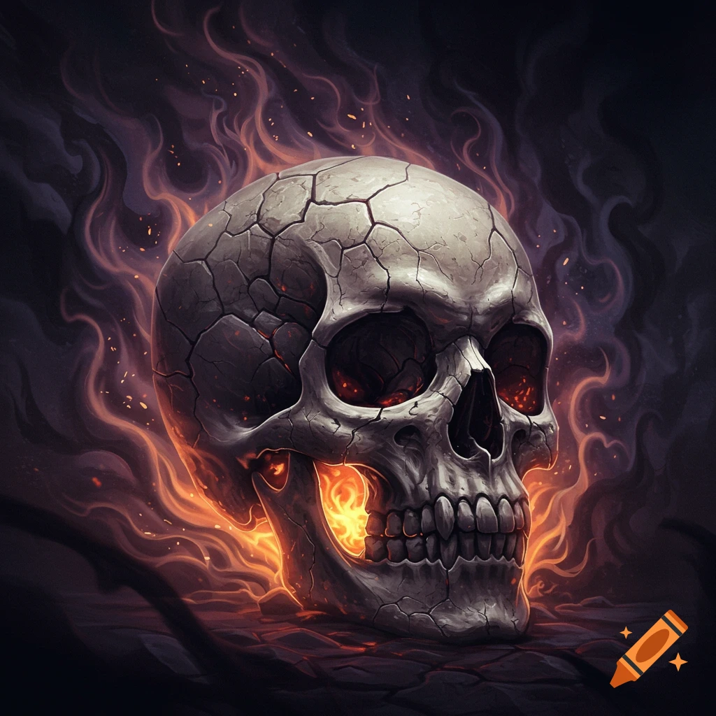 A cracked, gray skull with glowing orange eyes and jaw, wreathed in fiery orange and dark smoke against a dark background, digital art.