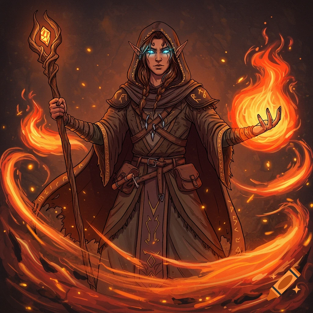 A half-elf warlock with glowing blue eyes and braided brown hair, wearing a dark hooded cloak with runes, holds a staff and conjures fire, surrounded by swirling flames.