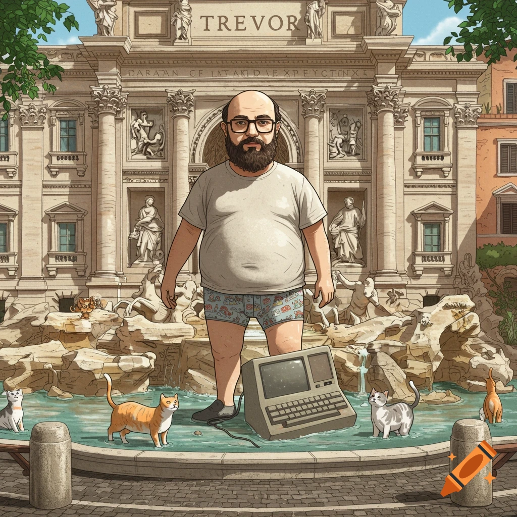 A cartoon man with a beard and glasses in boxer shorts stands in the Trevi Fountain, surrounded by cats and an old computer. The fountain is modified to say "TREVOR" at the top.