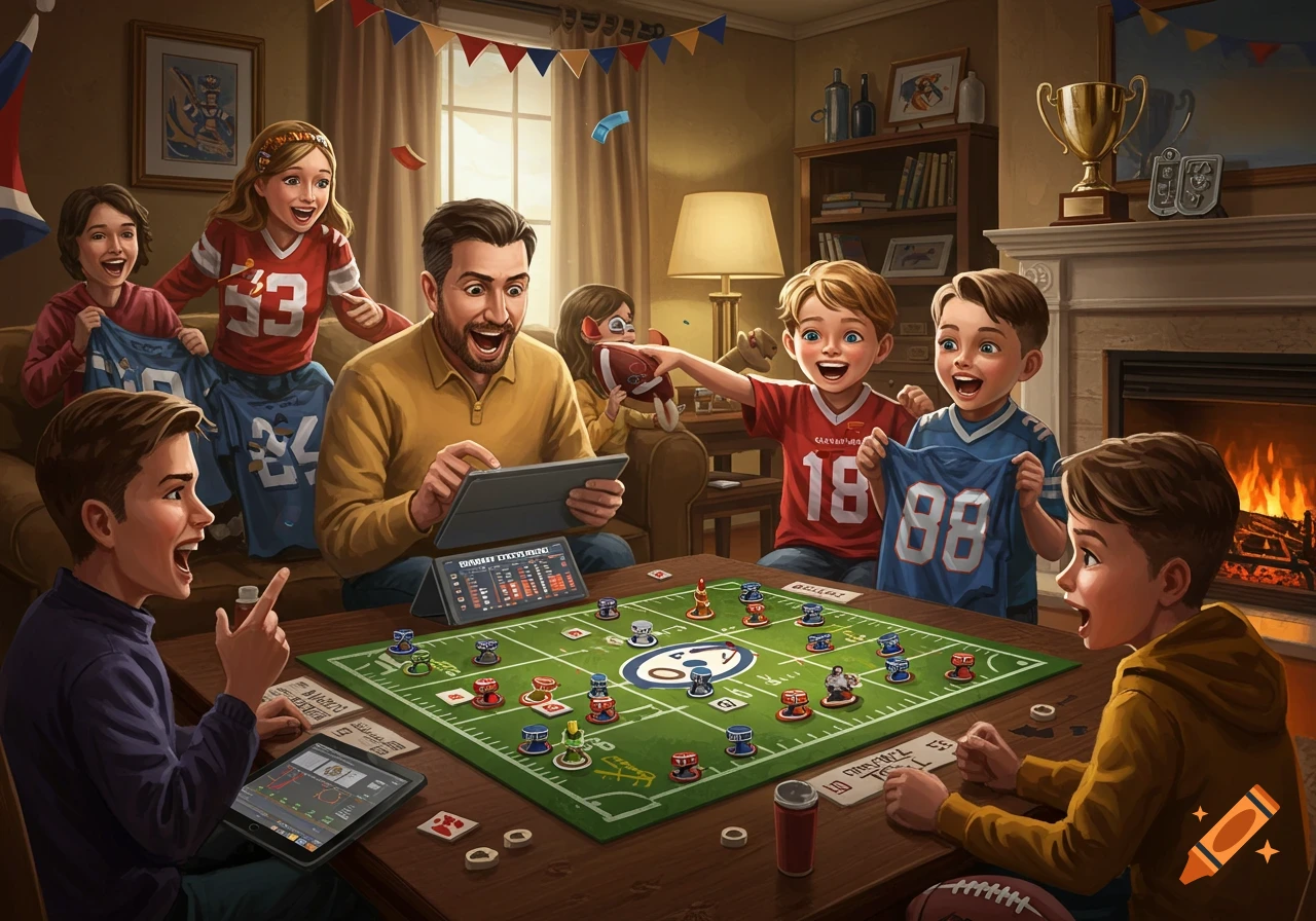 A family excitedly plays a fantasy football board game in their living room. A father looks at a tablet, while children cheer, hold up jerseys, and point at the game board.