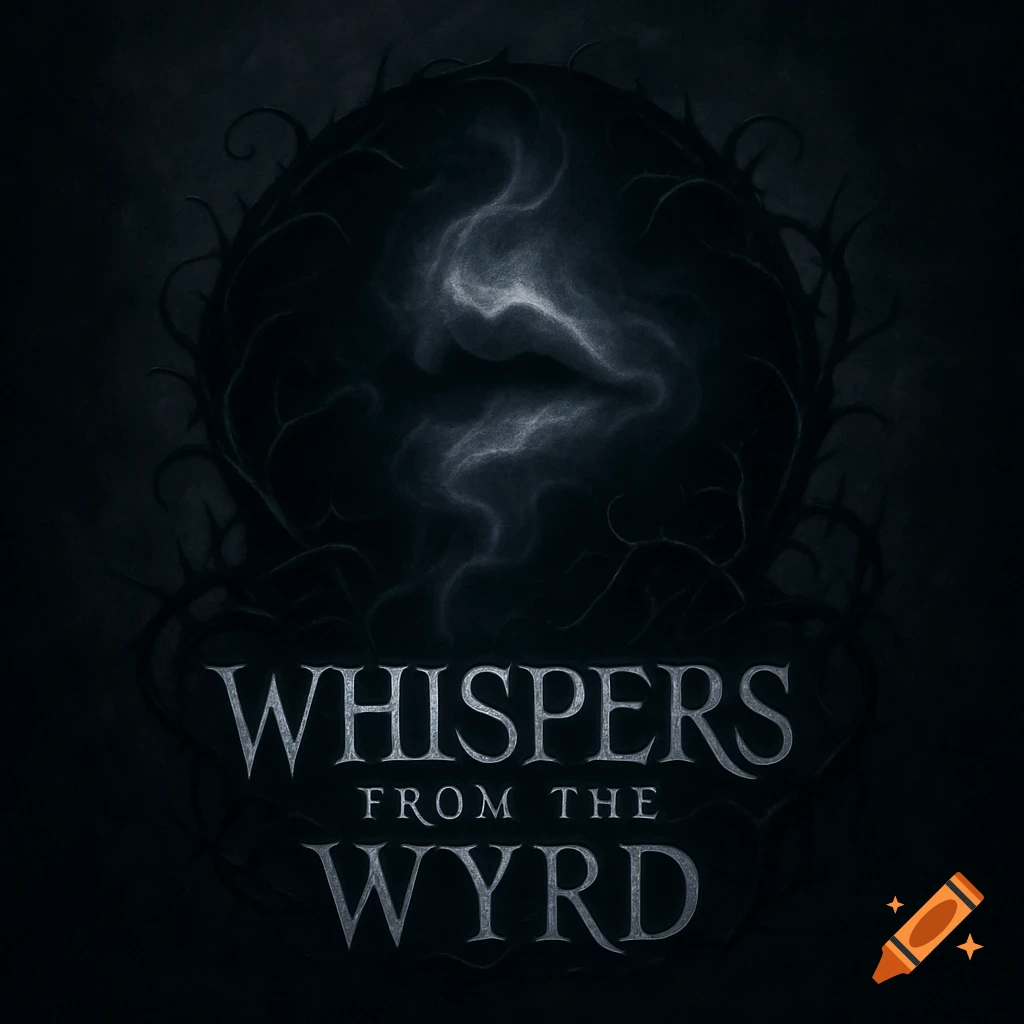 A dark, creepy logo with a shadowy sphere, ghostly smoke, thorny vines, and the text "WHISPERS FROM THE WYRD".