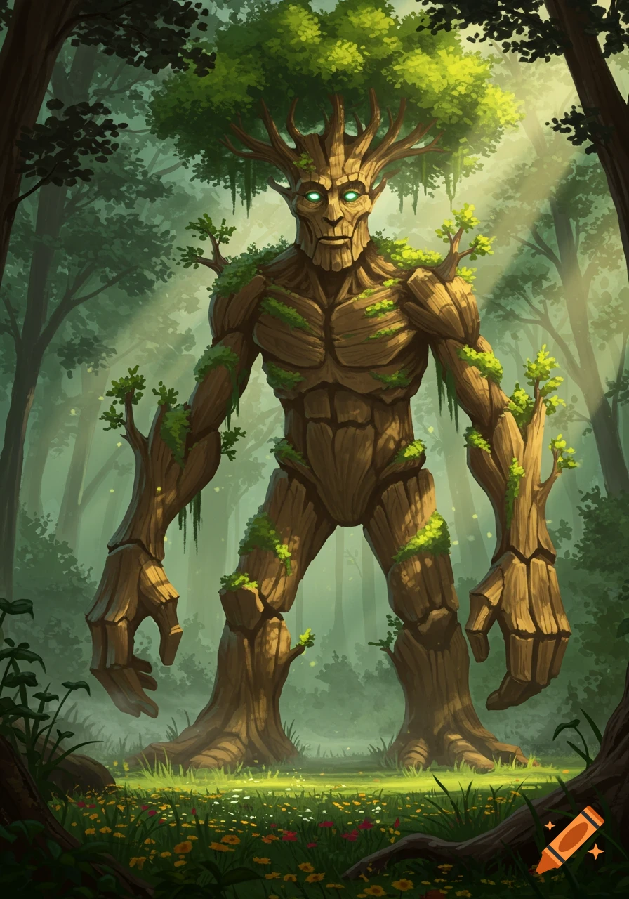 A large, humanoid tree giant with glowing green eyes stands in a lush, sunlit forest clearing.