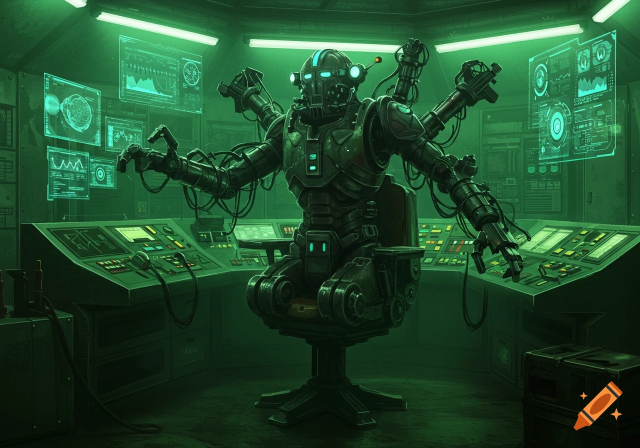 A large, multi-armed robot sits on a chair in a green-lit control room with futuristic consoles and glowing holographic screens.