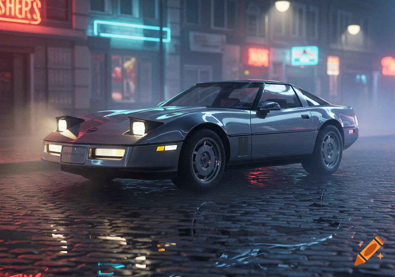 A silver 1984 Chevrolet Corvette with pop-up headlights on, parked on a wet cobblestone street at night, with blurry neon signs in the background.