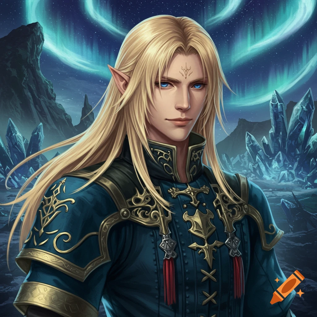 A detailed digital painting of an elf with long blonde hair, blue eyes, and an ornate teal tunic, standing in a crystal landscape under an aurora borealis.