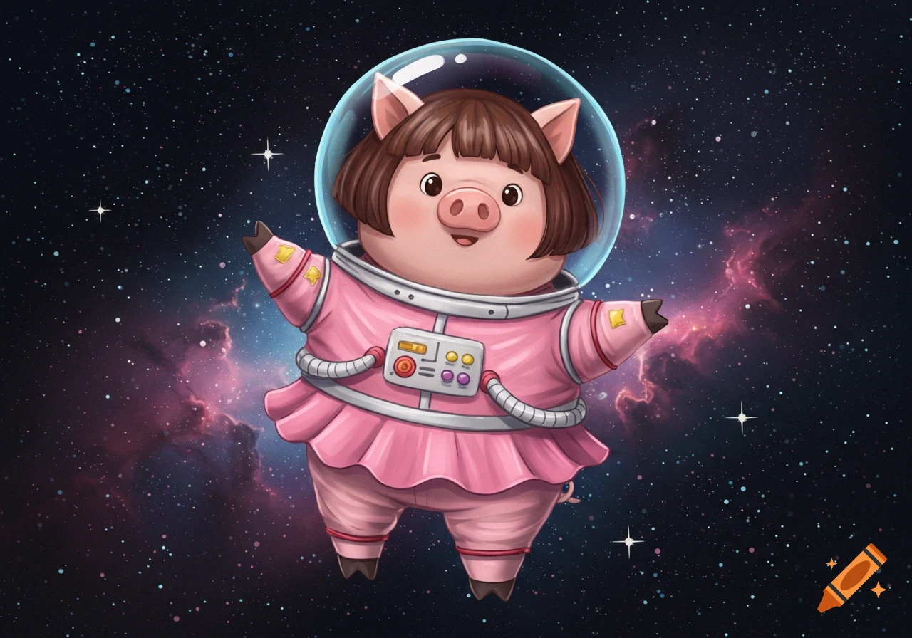 A cute cartoon pig with a brown bob haircut wears a pink astronaut suit with a skirt and a clear helmet, floating in starry outer space with a colorful nebula in the background.