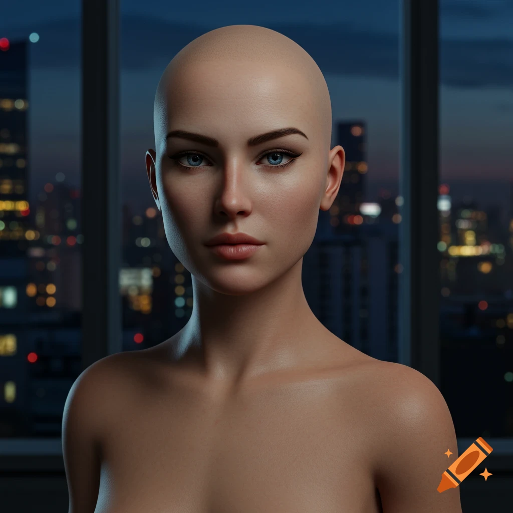 Photorealistic portrait of a bald woman with blue eyes, bare shoulders, against a blurred city night lights background.