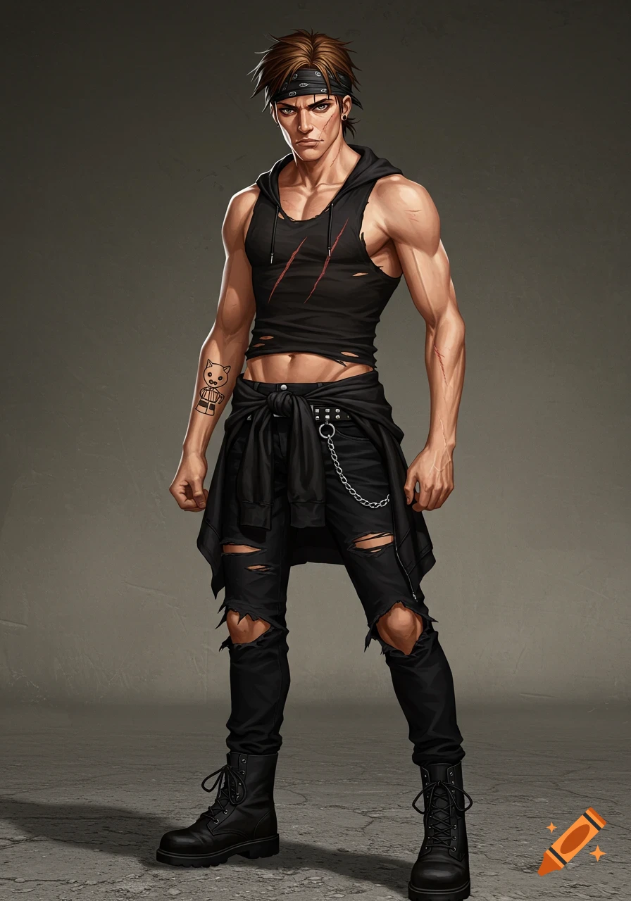 A stylized male character with brown hair, bandana, black ripped clothing, combat boots, scars, and a cat tattoo.