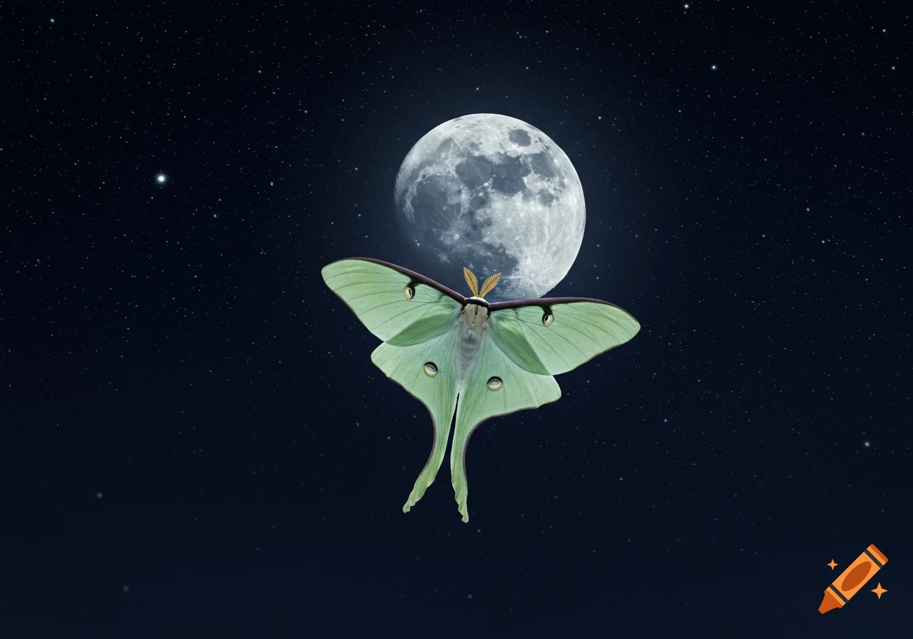 A photorealistic image of a luna moth flying in front of a full moon against a starry night sky.