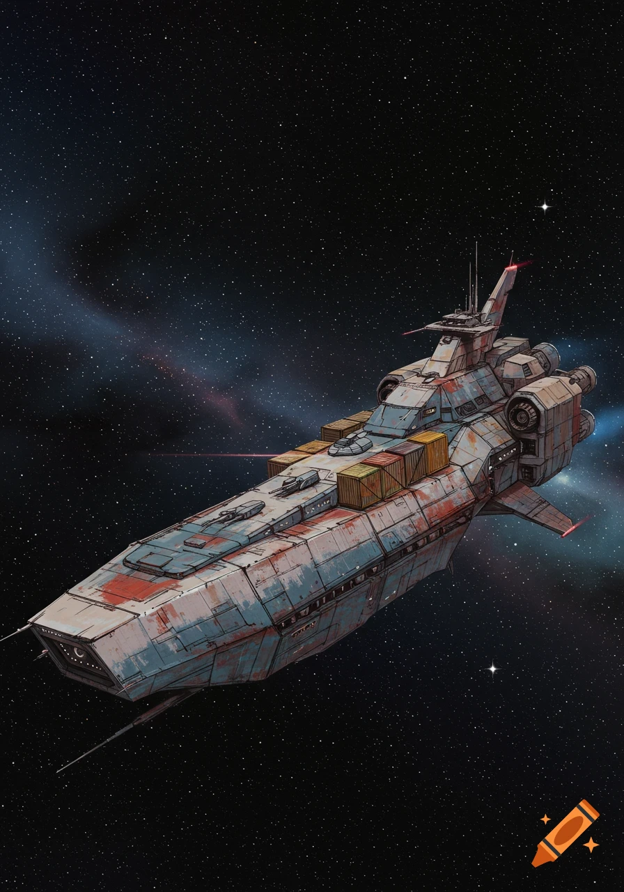 An industrial, weathered spaceship with cargo containers floats in the vast darkness of space, illuminated by distant stars and faint nebulae.