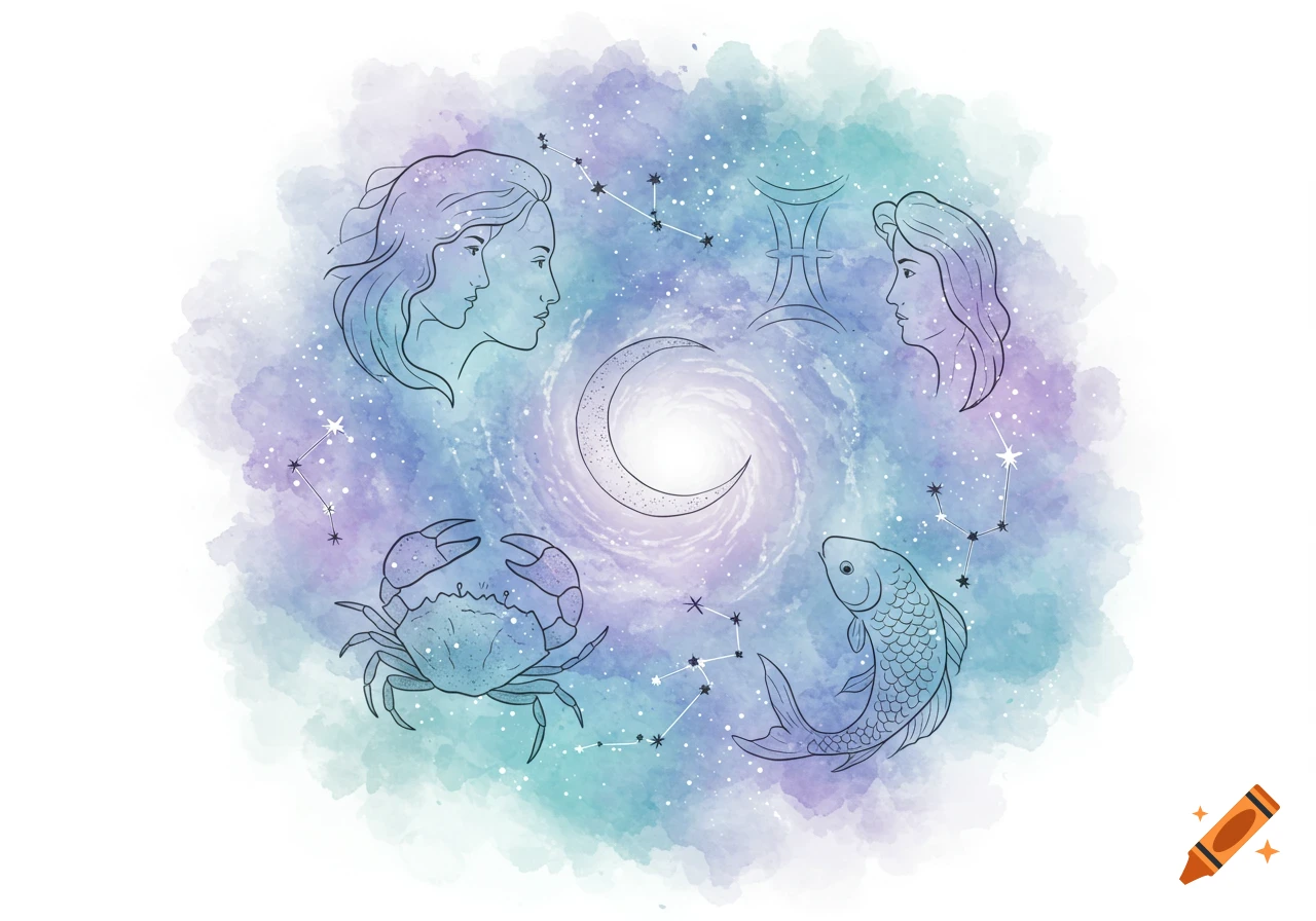 A watercolor illustration of a galaxy with outlines of astrological signs for Pisces, Cancer, and Gemini, and a crescent moon.