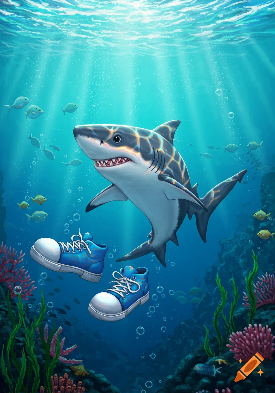 A smiling cartoon shark swims underwater with two floating blue sneakers in a vibrant illustration.