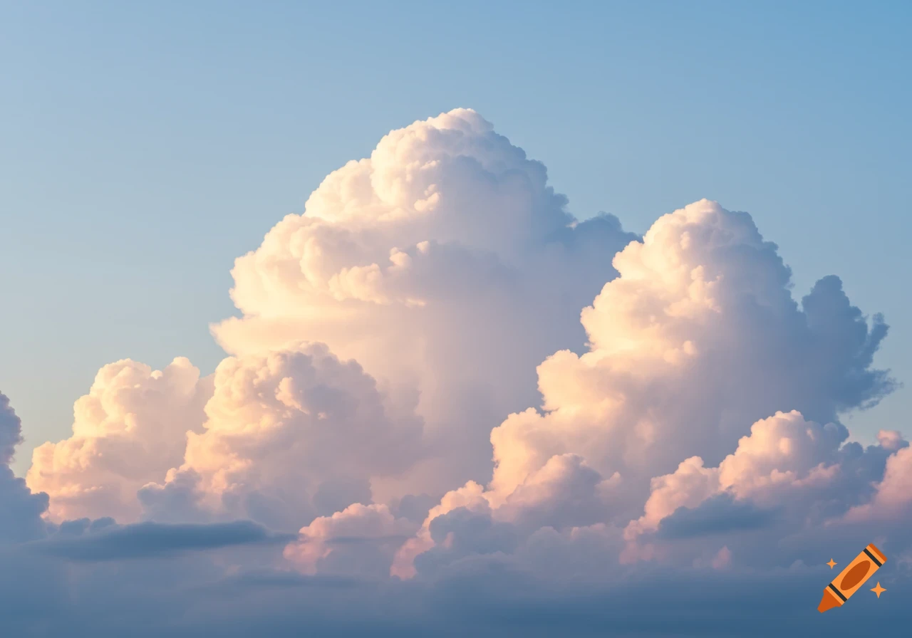 Large, fluffy white and golden clouds against a light blue sky, illuminated by warm sunlight.