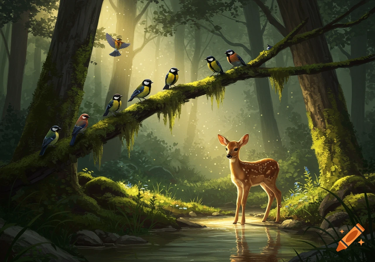 A fawn stands in a sunlit forest stream as several birds perch on a mossy branch overhead in a digital painting.