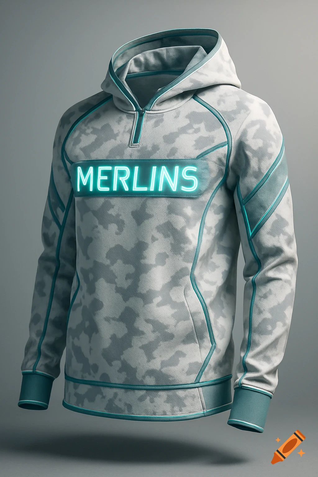A white and light grey digital camouflage hoodie with teal trims and accents, featuring the word "MERLINS" in bright neon teal text across the chest.