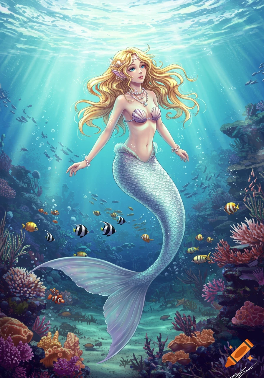 Blonde anime mermaid with blue eyes and a shell top, gracefully swimming among colorful coral and fish in a bright underwater scene.