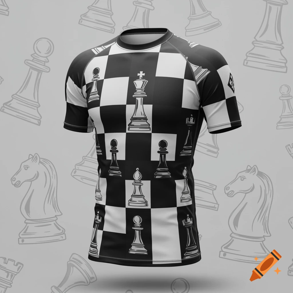 A black and white rash guard featuring a checkerboard pattern and various chess pieces.