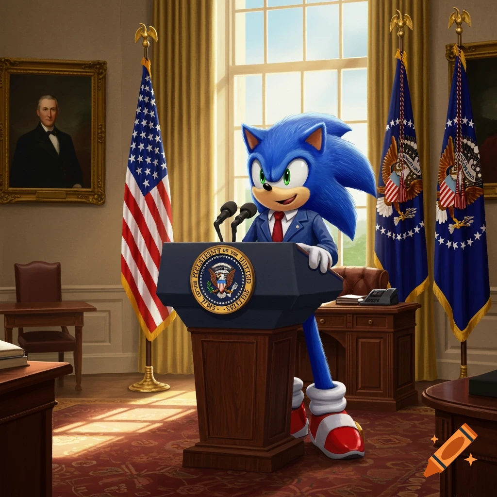 Sonic the Hedgehog stands behind a presidential podium in an office, giving a speech.