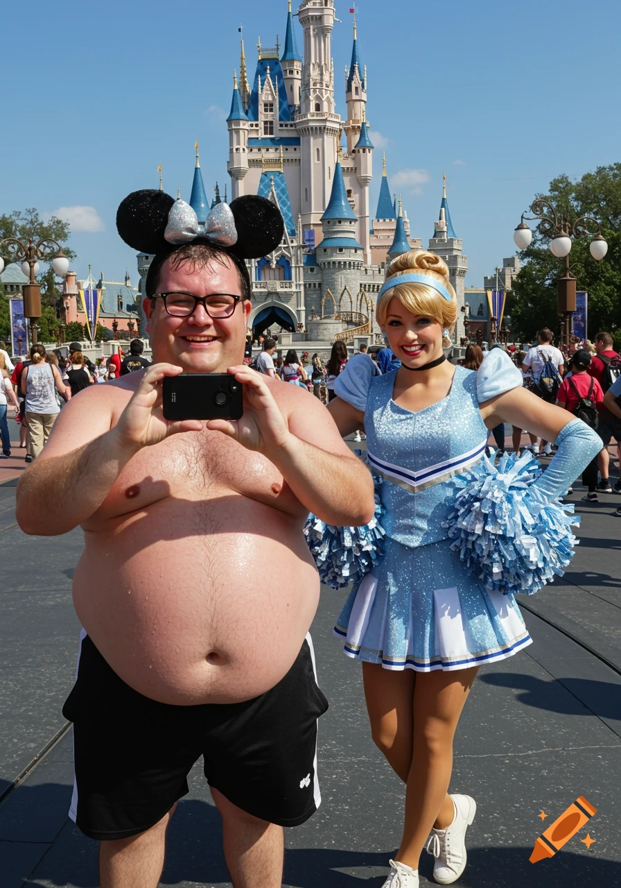 A sweaty man in Minnie Mouse ears takes a photo with a woman dressed as Cinderella in a cheerleader outfit at Disney World.