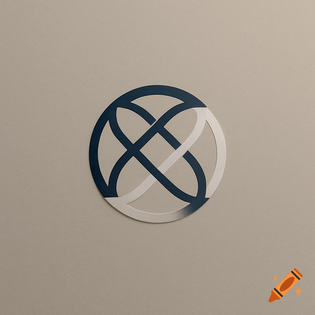 A circular logo featuring intertwined dark blue and light grey abstract shapes on a beige background.