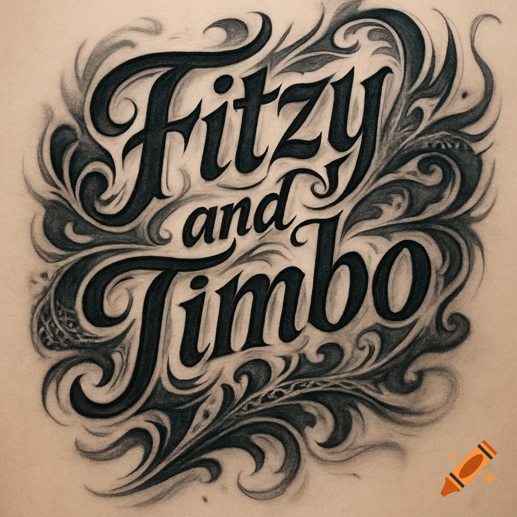 Black and grey tattoo design with ornate swirling script reading 'Fitzy and Timbo'.