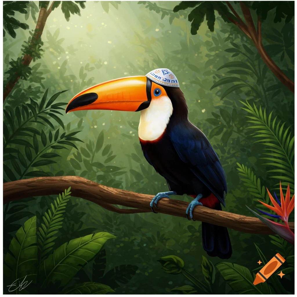 A colorful toucan with an orange beak wears a white and blue kippah, perched on a branch in a lush green jungle. Stylized illustration.