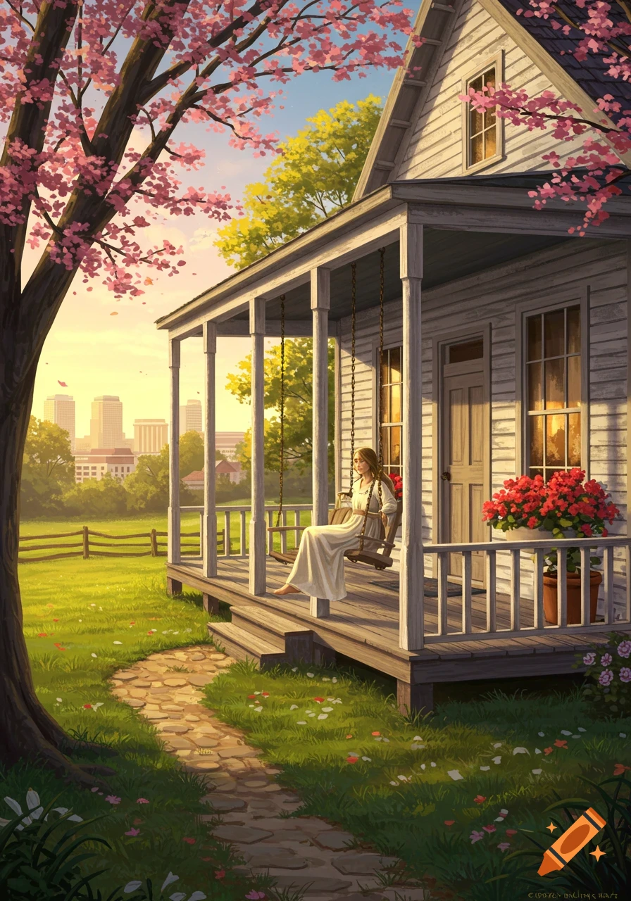 A woman in a white dress sits on a porch swing of a house with a large pink flowering tree in the foreground. In the background are city buildings and green fields under a sunset sky. Illustration.